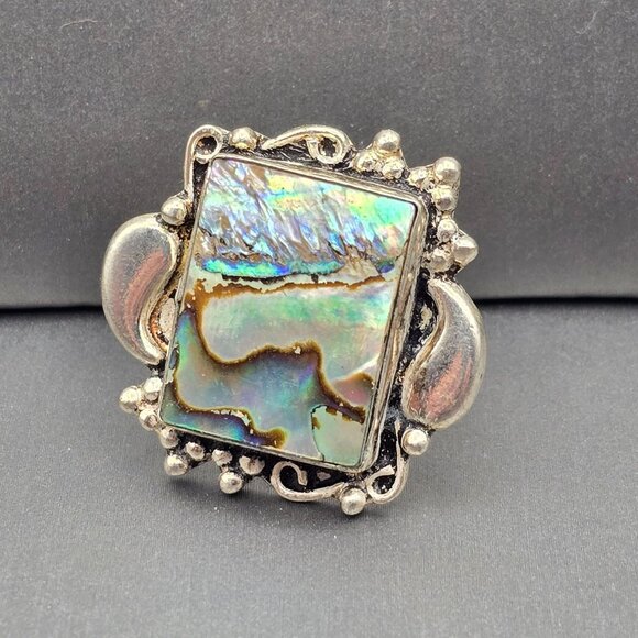925 Sterling Silver Plt Abalone Shell Ring Size 8 Bezel Setting Statement - Picture 1 of 11